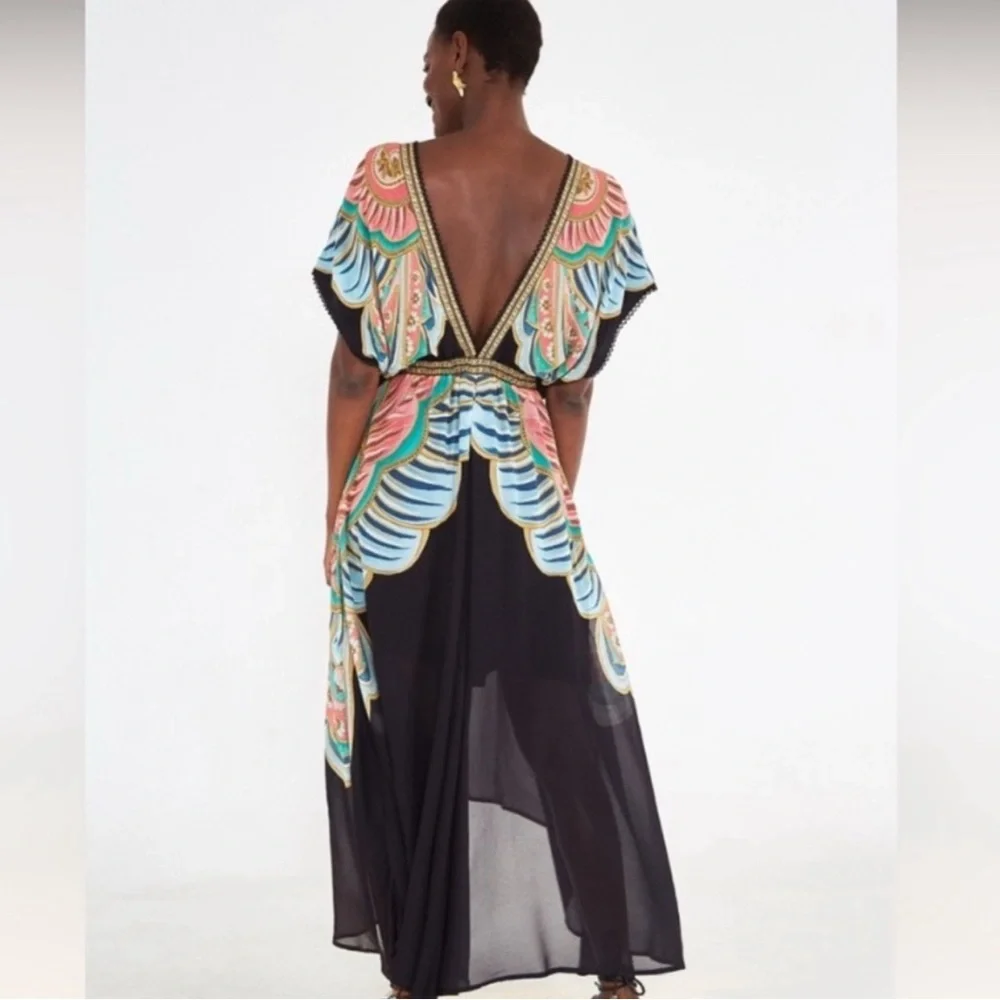 Farm Rio Boho Maxi Dress XS Colorful Print Deep V Empire Waist Flowy Festival - Picture 8 of 8